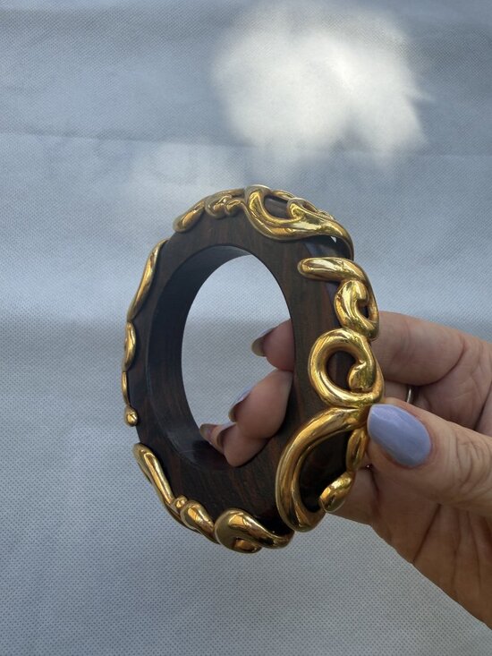 Isabel Canovas Vintage Iconic Huge Gold Gilt Leaf Wood Bangle Bracelet